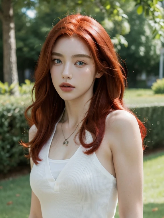 ( masterpiece, top quality, best quality,8k, girl,ultra detailed,raw photo:1.5),(photorealistic:1.4), (red hair:1.5), (cinematic lighting), PerfectNwsjMajic, , Surrealism, UHD, ccurate, Super detail, textured skin, High detail, Best quality, dynamic angle, (high nose,White skin),[Beautiful blue eyes],[flat chest:large breasts:0.5],(1girl),(good anatomy:0.5)),(outside:1.5), Necklaces,