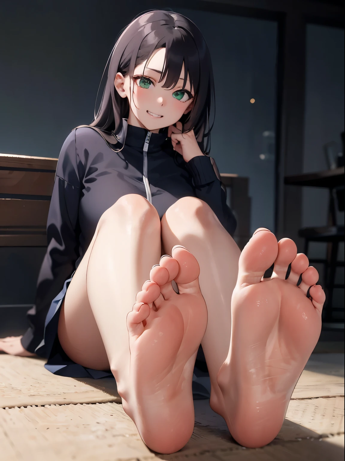 (masterpiece:1.2, highest quality), (real picture, intricate details), 1 female, alone, sitting, show your legs, feetを見せる, showing Boot sole, long hair, minimal makeup, Natural materials, close up of face, grin, mischievous face, Barefoot, カメラにfeetを向ける, bangs, Korean bangs, bangs on forehead, green eyes,, big , mature bodyre face, detaace, correct feet anatomy, ((feetの解剖学)), sexy feet, feetが視聴者を指して feet, Boot sole, 詳細なfeet, correct feet anatomy, Boot sole, sitting