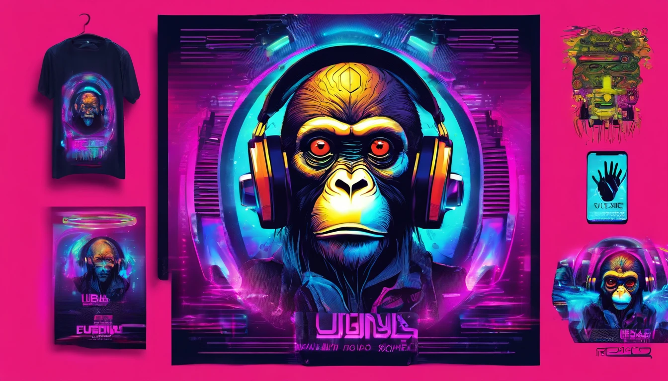 Uma figura de macaco dj futurista, com luzes nos olhos, Cercado pelo design de camiseta Vector VibraPrint Ready, cyberpunk monkey illustration, vista lateral, label, fundo branco limpo, vetor profissional, design de camiseta, grafite, vibrante nt futurista paisagem urbana.