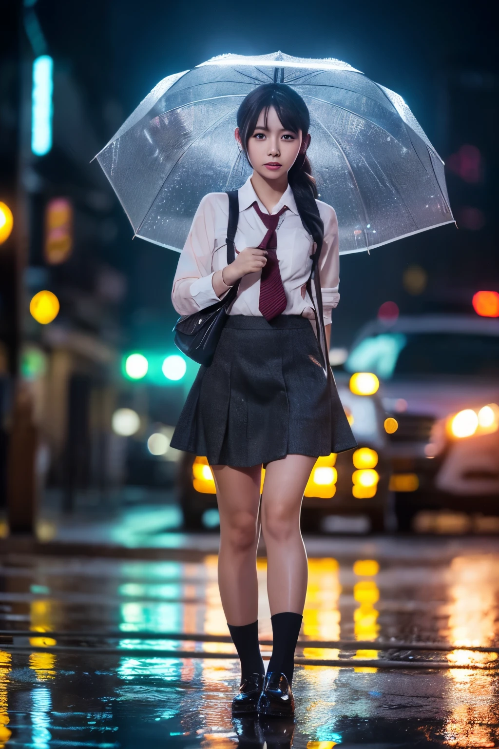 (8K, Raw photo, highest quality, masterpiece:1.2), (realistic, photo-realistic:1.37), Omertosa, 1 girl, (K-POPアイドル), (charming monkey:1), cute, cityscape, rain, Wet, professional lighting, photon mapping, radio city, uniform , mini skirt , Physically based rendering,,  