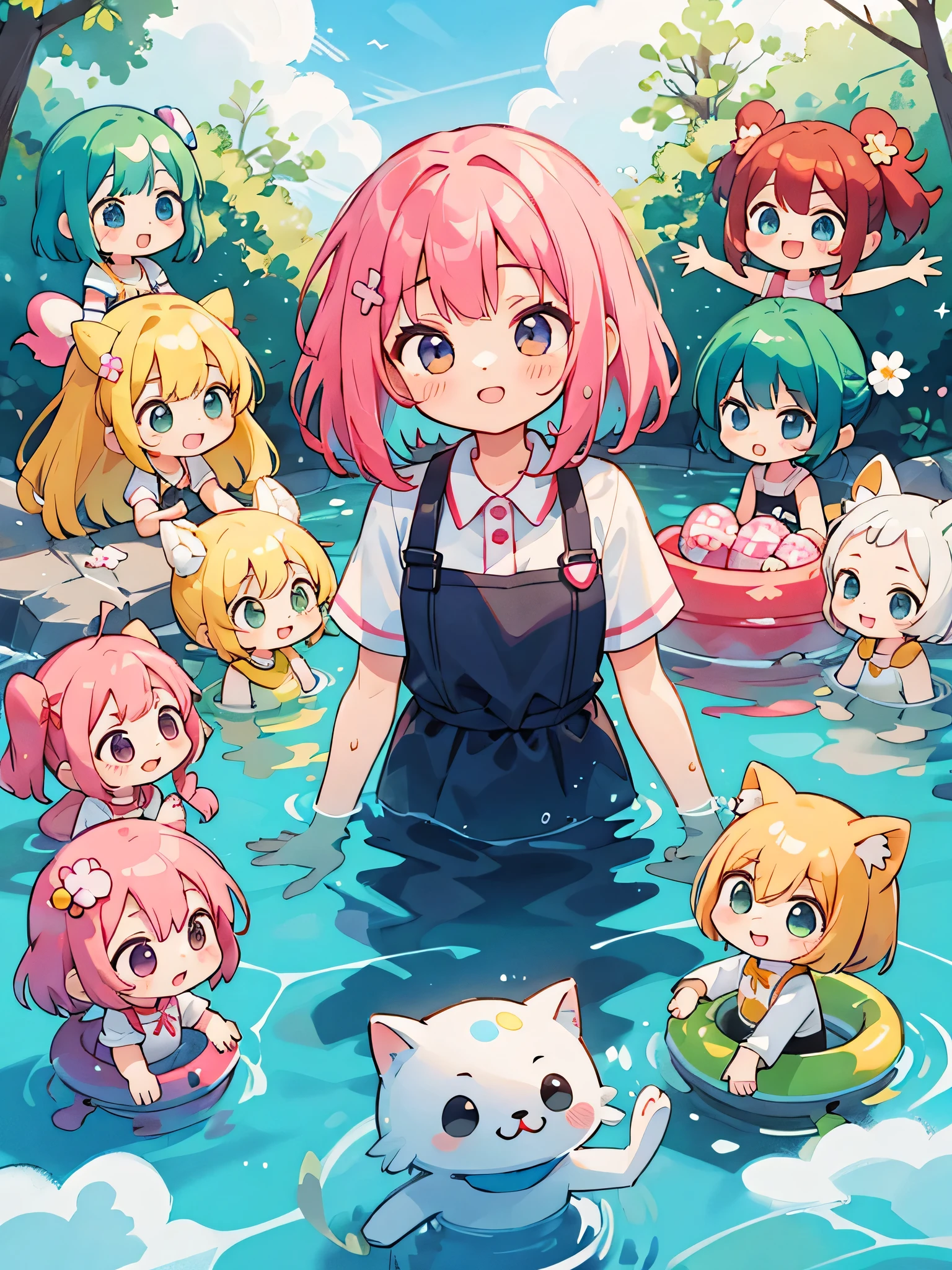 Momoko Sakura style, Kawaii Design, (((10 people)))、most beautiful girl ever、Chibi, Colorful bob hair、((Lots of friends))、water play