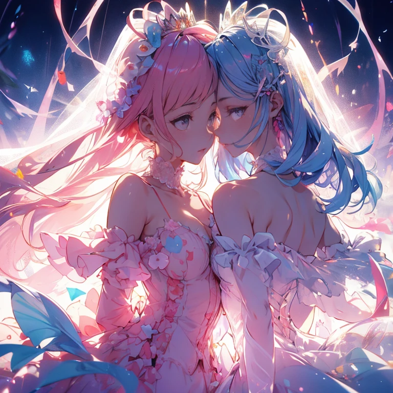 Imagine a scene where 3D hearts and roses materialize in a surreal quantum garden, each petal and heart pulsating with fractal energy, symbolizing the infinite facets of love.