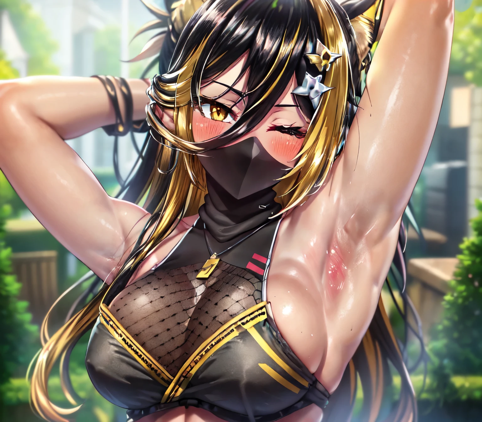 nekoyo chloe, jewelry, upper body, virtual youtuber, ninja, dark-skinned female, hair between eyes, one eye closed, solo, breasts, mask, multicolored hair, looking at viewer, yellow eyes, blurry, black hair, blurry background, hair ornament, blush, large breasts, dark skin, bare shoulders, mouth mask, cleavage, two-tone hair, ninja mask, streaked hair, long hair, 1girl, blonde hair, bangs,  shiny skin, shiny hair, in the center, (up close:1.5), arms up, (arms above head:1.5), arms behind head, armpits, (armpits into viewer's face:1.5), (looking at viewer:1.5), (eye contact with viewer:1.5), smile, closed mouth.