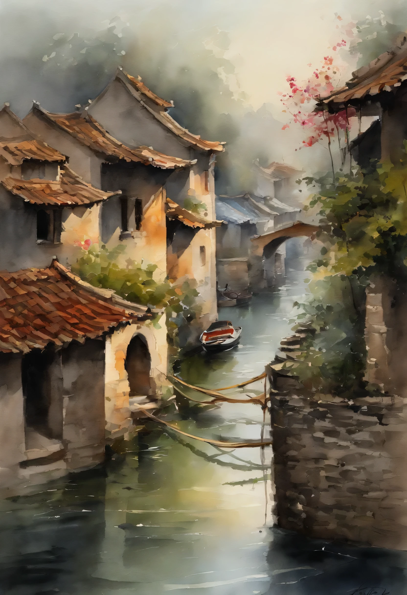 Jiangnan water town,Misty and rainy,Small bridge and flowing water,White Wall Dewa,Willow nestled,Ancient Town and Alley,Bluestone path,The shadow of the boat sways,foggy,A drizzle,Spring River flower moonlit night,Dream Water,4k,Watercolor wet painting,intricate details,perfect composition,Hannah Heh's Dada Art,Igor Sava。Jean Haines的thiel,Watercolor technique on thick textured handmade watercolor paper,Artstation trends,clear focus,studio photography,intricate details,high detail,Greg Rutkowski,watercolor,Art Station Trend,sharp focus,Studio photos,intricate details,Very detailed,--3:4 --style500 --v5