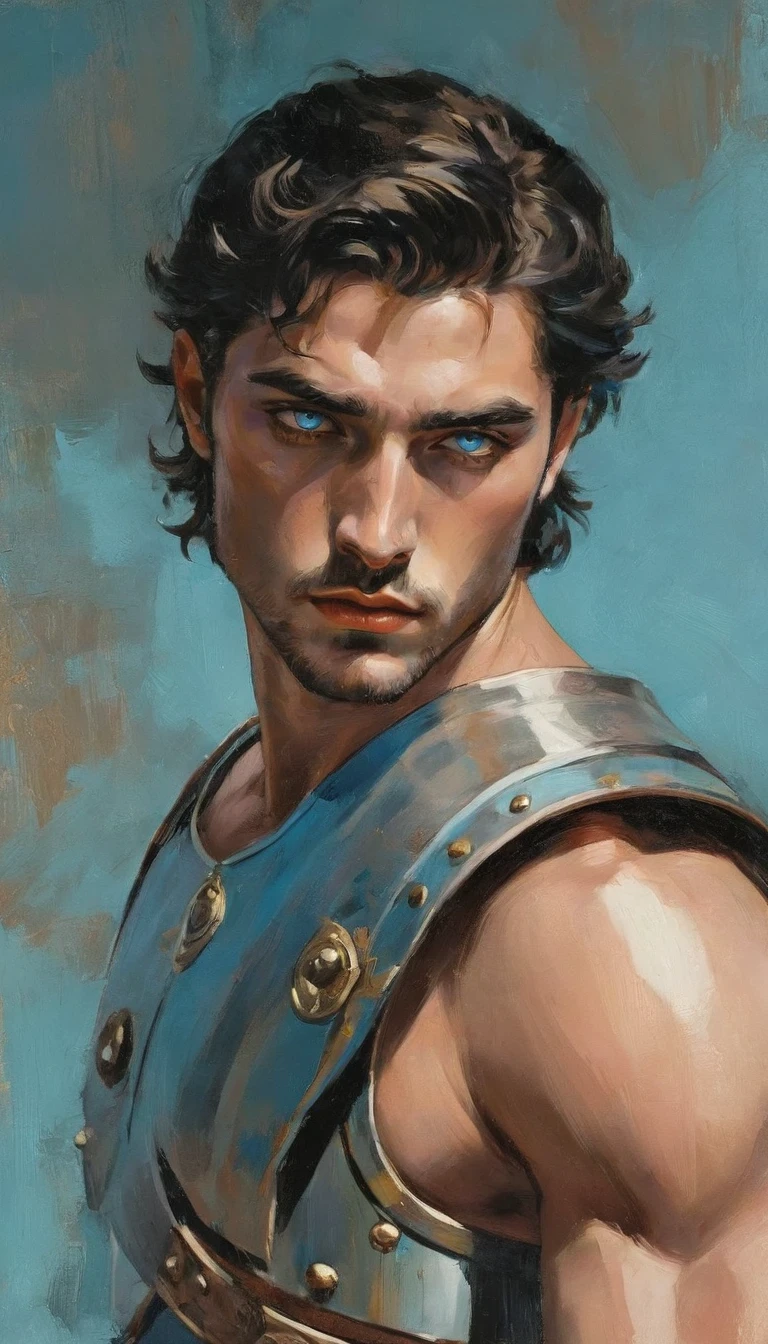 chiaroscuro technique on impressionist illustration of an masculine, 26-year-old Italian male model, handsome Roman, he is the god of war, he is Ares, Mars, evil-theme, strong look, light blue eyes, strong jawline, dressed as a gladiator, ancient gladiator, male gladiator skirt, matte painting, by Harumi Hironaka, extremely soft colors, vibrant, pastel, highly detailed, digital artwork, high contrast, golden dramatic, refined, tonal, an intimate, seductive studio setting with a focus on sensuality and romance. Utilize soft, warm lighting that bathes the space in a gentle, inviting glow. Incorporate luxurious fabrics, plush furnishings, and a touch of decadence to evoke an opulent ambiance. titan body 