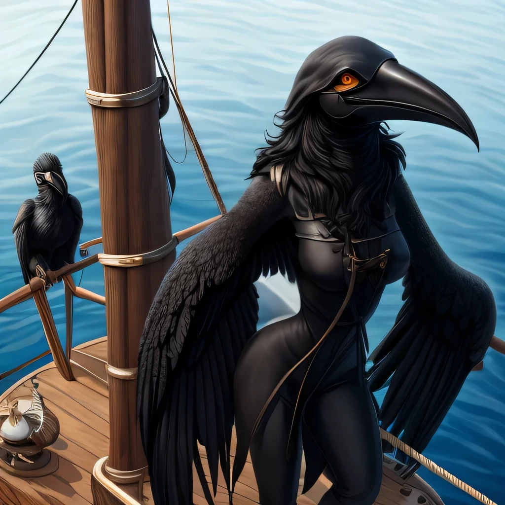 (harpy), large black wings, plague doctor mask, dark hair, black feathers, very dark skin, ebony, long beak, winged arms, amber eyes, (from above), very high up, looking down at fantasy sailing ship, top of the mast, drone shot, scenery, detailed background, masterpiece, best quality, sailing-vessle