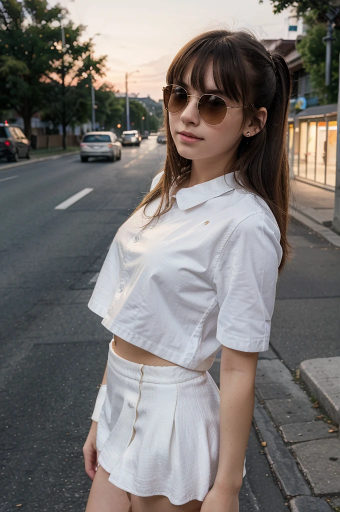 a beautifull 15 years old girl, white skin, masterpiece, textured skin, super detail, high details, high quality, 8k, nice pose, road night background, side lighting to face, dress, wearing a sun glasses at night, wearing a white shoes, bangs hair style
wearing a shirt, small skirt, wearing a ears rings, little smlie, night time.