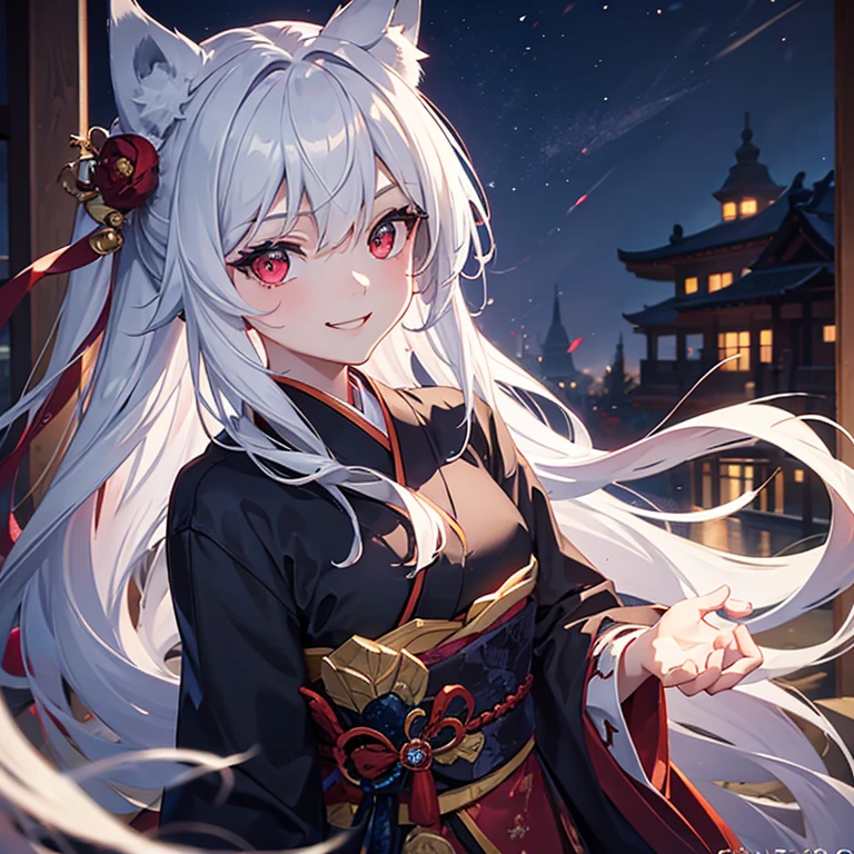 masterpiece,high quality:1.2,((young woman)),cute,whole body,(Alone),girl,(wolf ears:1.3),(Sky Eyes 1.3),(face focus:1.3), (anger, smile:1.3),(gentle features:1.3),(long hair:1.3), hair is dirty, hair is messy,ponytail,clear eyes,red eyes,red eyes(red eyes:1.3), (perfectly detailed eyes:1.3),purple kimono,purple kimono,Japanese style dress,dynamic angle,nightの街並み, ((shine of light)), chromatic aberration, digital painting, insane details, intricate details, photo shoot , photo shoot, photo shoot, Canon 5D Camera photo shoot,Photographed with a 70mm lens, depth of subject, (night:1.3:1.3),(close portrait:1.3),(feminine:1.4),(beautiful:1.4),(Charm:1.3),move angle,theme background