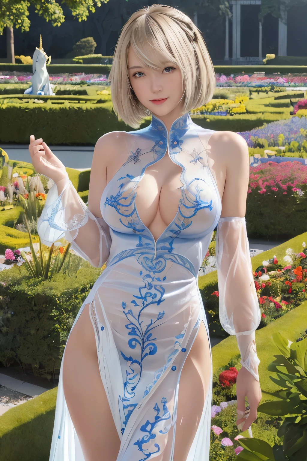 ((((masterpiece, Best Quality, High resolution)))), extremely detailed 8K, sexy Beautiful Japanese teen girl with slim body, (Ultra HD, Ultra-detailed, Highly detailed, Highly realistic, Ultra-realistic, photos realistic), (1girl:1.5), blonde hair, short bob cut like, (dynamic poses), facing at camera, light smile, (huge breasts: 1.2), (beautiful detailed face, Beautiful detailed eyes), Anatomically accurate hands structure, Anatomically accurate fingers structure,(bright blue long sexy Glossy silk see-through European court nobility long dress attire, white unicorn embroidery:1.5), (front button of European court nobility attire not fastened and breasts part widely open:1.5), Glow, Sweat, (rays of sunshine, Sunlight from the front),(topless), sexy long legs, nakeness, bared chest, Sexy, Blushing, look up to the sky, (widely spacious royal palace flower garden:1.2), ultra realistic wide landscape, photogenic scenery, spot light on face