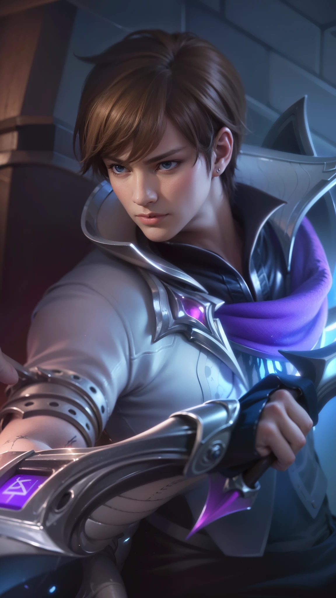 a close up of a boy holding a sword in a room, masterpiece, ((perfect eyes)) best quality, (semirealism:1.9), beautiful lighting, (extremely detailed CG unity 4k fhd wallpaper), High Detail, Sharp focus, dramatic outdoors, 1 boy ,19 years old, light blue eyes, 8k, ultra hd, ultra detailed texture, hyper realistic, masterpiece, detailed texture, detailed face, detailed skin, detailed lighting, (photorealistic:1.5), best quality, beautiful lighting, cinematic lighting, professional lighting, ultra highres, realistic, detailed hair, real hair, high quality, (realskin:1.5), extremely detailed, finely detail, ultra-detailed, glare.