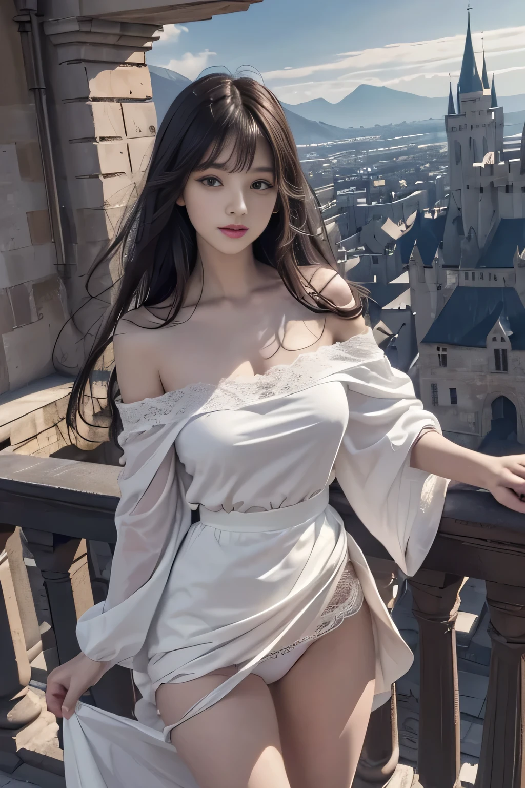 (surreal)、(enlightenment)、(High resolution)、(8K)、(very detailed)、(best illustrations)、(beautiful detailed eyes)、(highest quality)、(super detailed)、(masterpiece)、(wallpaper)、(detailed face)、solo、1 girl、looking at the viewer、Detailed、detailed face、in the dark night、deep shadow、low key、Pure erotic face ace_v1、laughter、length、black shawl straight hair、46 point diagonal bangs,((off shoulder white dress)),((Beautiful woman standing on the balcony of the castle)),tration: 1.1), (best shadow: 1.1),、very beautiful breasts、 (slim legs),(Skirt soars in the wind),(lift up skirt)、(White lace panties are visible)
