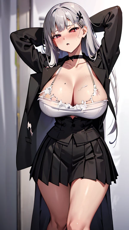 Ripped pleated skirt，torn shirt，Damaged clothing，severely injured，combat damage，huge breasts，blush，Gently gasp，There are holes in the clothes，Broken black