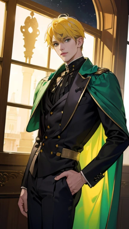 masterpiece, best quality, realistic, 1man, {1 person}, mature male, quiet and charming young man, handsome man, 25 years old, serious look, extremely detailed face, detailed eyes, extremely intricate eyes, detailed background, cinematic lighting, looking at the audience, posture dynamics, (masterpiece, top quality, best quality, beautiful illustration, official art, wide angle, beautiful and aesthetic :1.5), Masterpiece Background Midnight, Darkness, Dark Room, Dark tone, castle, castle windows, Moonlight, (Moonlight Only: 1.5), Invincible Smile, smirk, Bewitching, gentleman, ((green eyes)), ((yellow hair)), [thick eyebrows], ((suit)), green cape, black suit, black pants, yellow hair, golden hair, light yellow hair, pale yellow hair, emerald green eyes