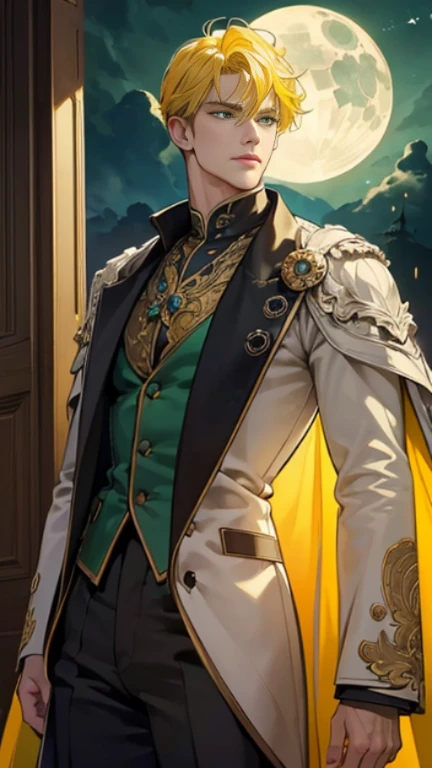 masterpiece, best quality, realistic, 1man, {1 person}, mature male, quiet and charming young man, handsome man, 25 years old, serious look, extremely detailed face, detailed eyes, extremely intricate eyes, detailed background, cinematic lighting, looking at the audience, posture dynamics, (masterpiece, top quality, best quality, beautiful illustration, official art, wide angle, beautiful and aesthetic :1.5), Masterpiece Background Midnight, Darkness, Dark Room, Dark tone, castle, castle windows, Moonlight, (Moonlight Only: 1.5), Invincible Smile, smirk, Bewitching, gentleman, ((green eyes)), ((yellow hair)), [thick eyebrows], ((suit)), green cape, black suit, black pants, yellow hair, golden hair, light yellow hair, pale yellow hair, emerald green eyes