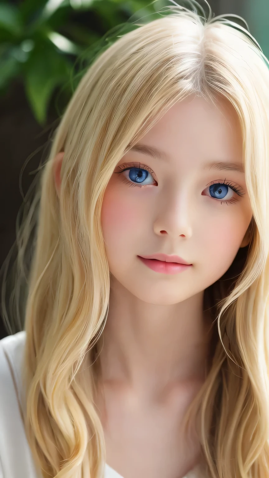 Super long, Silky blonde hair、messy bangs between the eyes、very cute, Beautiful and attractive girl、Very perfect beautiful cute face、beautiful, clear, shining, bright, pale white、sky blue eyes.、very big bright eyes、white and glossy skin、terrible face、cheek gloss highlight、small face beautiful girl、gentle expression、round face