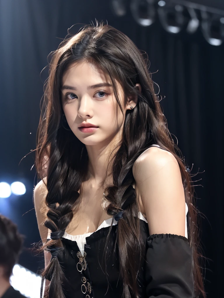 ( masterpiece, top quality, best quality,8k,17 years old girl,ultra detailed,raw photo:1.5),(photorealistic:1.4), (Hairstyles,black hair:1.5), (cinematic lighting), PerfectNwsjMajic, , Surrealism, UHD, ccurate, Super detail, textured skin, High detail, Best quality, dynamic angle, White skin,[Beautiful blue eyes], high nose,(1girl),((good anatomy,muted tones:0.5)),(makeup, idols,on the Stage),Slim body 