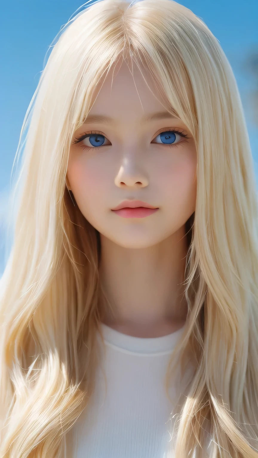 Super long, Silky blonde hair、messy bangs between the eyes、very cute, Beautiful and attractive girl、Very perfect beautiful cute face、beautiful, clear, shining, bright, pale white、sky blue eyes.、very big bright eyes、white and glossy skin、terrible face、cheek gloss highlight、small face beautiful girl、gentle expression、round face