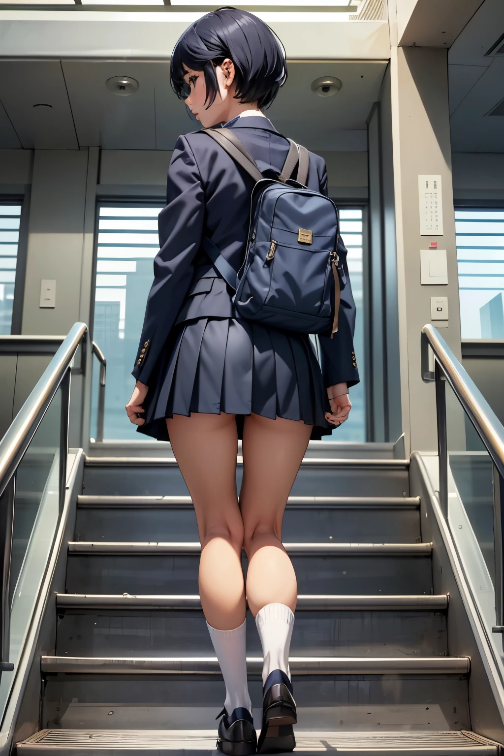 ((highest quality)), ((masterpiece)), (be familiar with), A high school girl riding an escalator on her way to school、short hair、glaring at、navy blazer、gray skirt、navy blue socks、Sports type backpack、back view、covert photography、(View from directly below)、navy blue socksのクローズアップ、mangaコマ割り、cartoon style、manga、Station escalator、Everybody line up on the left、顔のみのコマとback viewのコマ