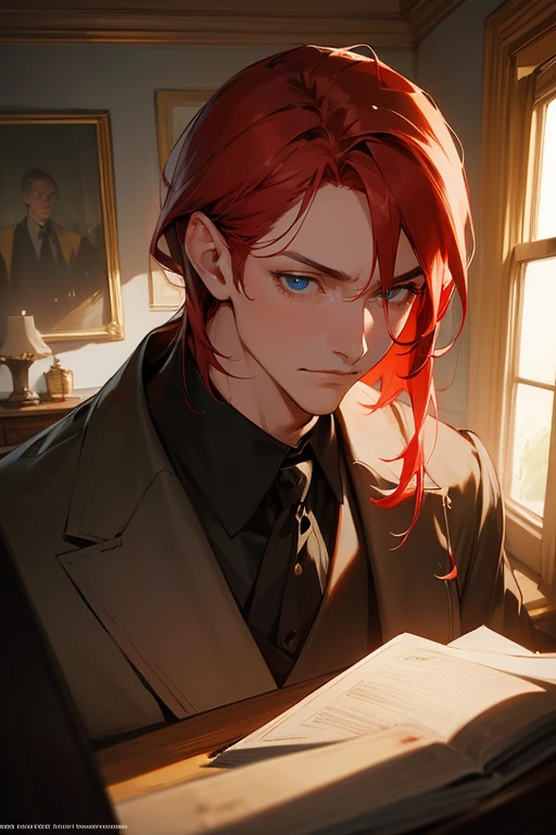 Masterpiece, Best quality, Realistic, 1 man, (elegant duke:1.3)handsome, tall, detailed, sharp eyes, Pale skin, Red hair, blue eyes, tired eyes, stars in his eyes, brash, stubborn, self-righteous, egotist, ((dark bedroom:1.2)), Clutter in the room, lots of details, ((masculine:1.2)), strong, slight smile, dtalesized light background, detailed lighting, highlights, (Sakimical Frank Franchetta, Heise Jinyao)