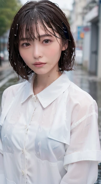 ((highest quality, 8K, masterpiece :1.3)), sharp focus :1.2, beautiful woman with perfect figure :1.4, ((layered haircut, small breasts :1.2)), (Wet white button-up long shirt :1.1), (rain, street:1.2), wet body :1.5, Highly detailed face and skin texture, Highly detailed eye resolution, double eyelid，underwear is transparent