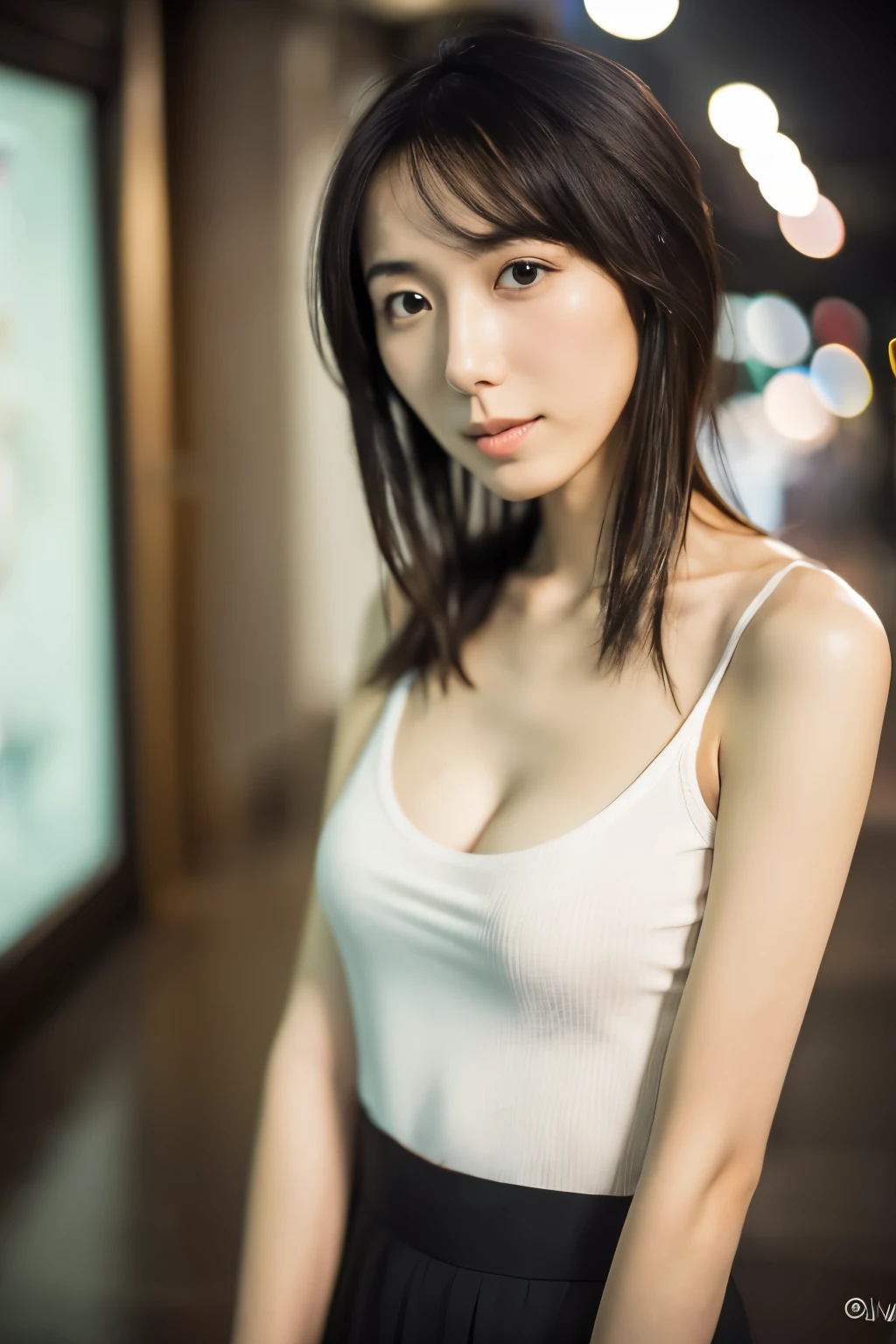 (8K, RAW photo, high quality, High resolution:1.1), Skinny Japanese woman, 30 years old, small breasts, very thin waist, (hyperrealistic:1.4), (realistic, photorealistic:1.3), soft light, realistic face, realistic body, realistic skin, disorganized, masterpiece, (cute:1.8), (leaning forward:1.8), (From above:1.2), (close:1.4), (crawl on all fours), (white loose t-shirt:1.2), (Beautiful breasts:0.9), (long hair, ponytail), ((cleavage)), fine black eyes, innocent eyes, droopy eyes, Watery eyes, open lips, blush, good style, cinema light, film Grain, look viewer, full Body, Depth of field, blurred background, Eye focus, young, 85mm lens, f/1.4, professional lighting, portrait, photon mapping, radio city, Physically based rendering, Transparency, Day book girl, Day, Sunny, outdoor