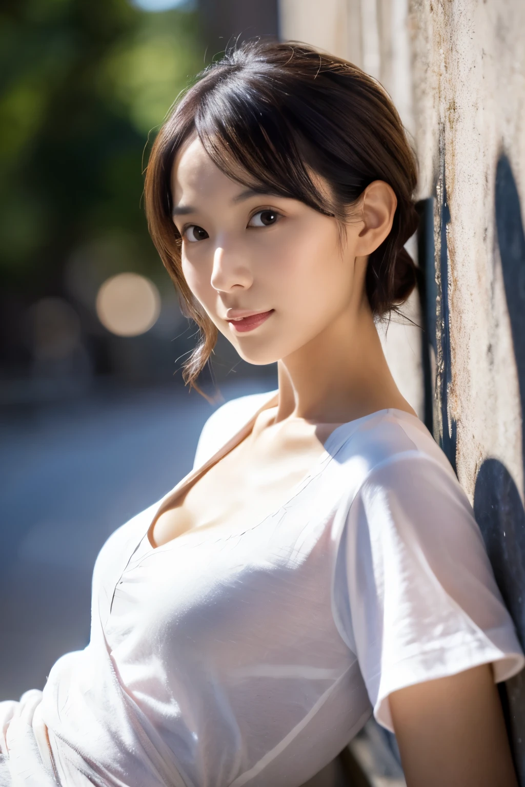 (8K, RAW photo, high quality, High resolution:1.1), Skinny Japanese woman, 30 years old, small breasts, very thin waist, (hyperrealistic:1.4), (realistic, photorealistic:1.3), soft light, realistic face, realistic body, realistic skin, disorganized, masterpiece, (cute:1.8), (leaning forward:1.8), (From above:1.2), (close:1.4), (crawl on all fours), (white loose t-shirt:1.2), (Beautiful breasts:0.9), (long hair, ponytail), ((cleavage)), fine black eyes, innocent eyes, droopy eyes, Watery eyes, open lips, blush, good style, cinema light, film Grain, look viewer, full Body, Depth of field, blurred background, Eye focus, young, 85mm lens, f/1.4, professional lighting, portrait, photon mapping, radio city, Physically based rendering, Transparency, Day book girl, Day, Sunny, outdoor