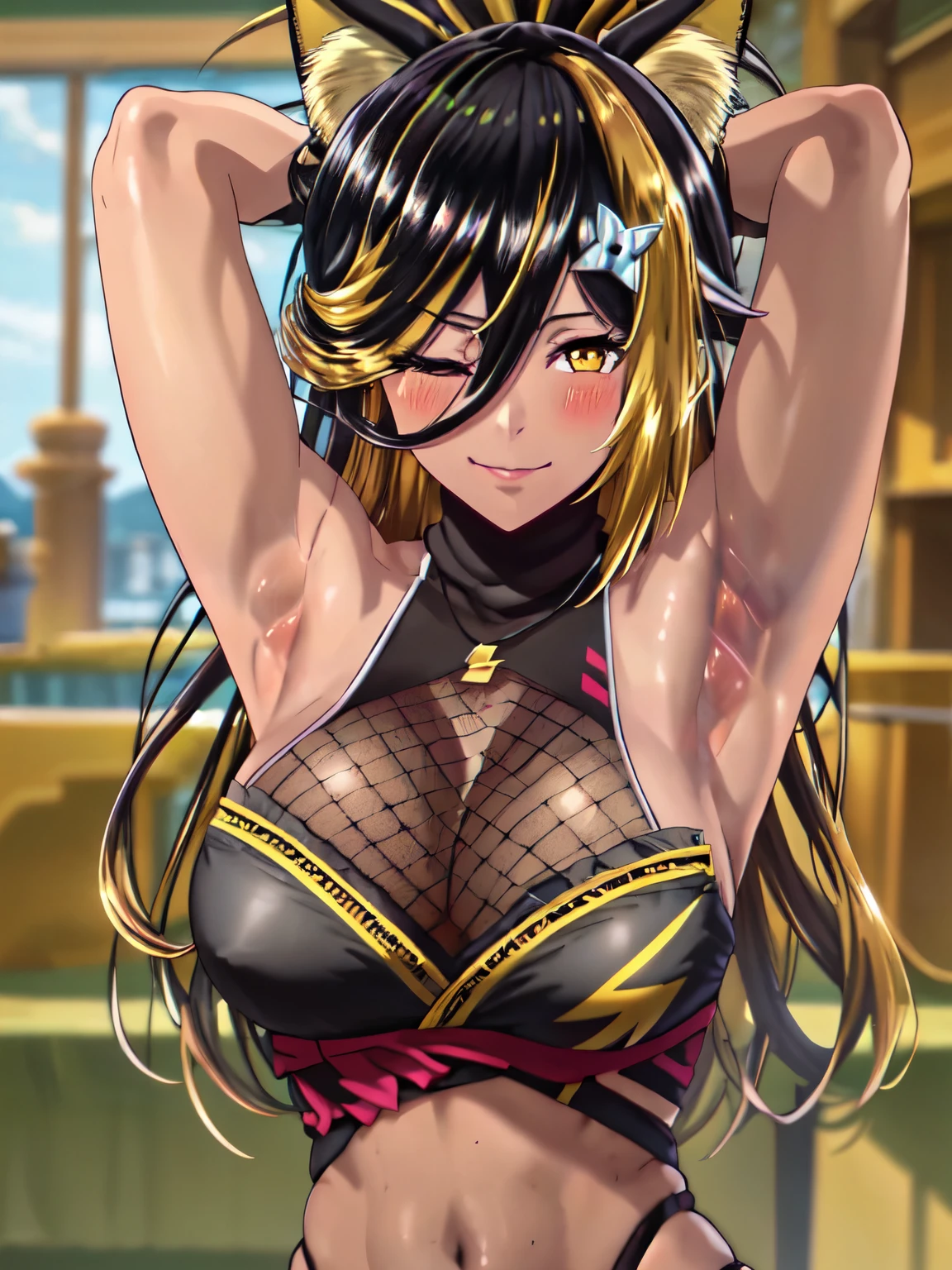 nekoyo chloe, jewelry, upper body, virtual youtuber, ninja, dark-skinned female, hair between eyes, one eye closed, solo, breasts, multicolored hair, looking at viewer, yellow eyes, blurry, black hair, blurry background, hair ornament, blush, large breasts, dark skin, bare shoulders, cleavage, two-tone hair, streaked hair, long hair, 1girl, blonde hair, bangs,  shiny skin, shiny hair, in the center, (up close:1.5), arms up, (arms above head:1.5), arms behind head, armpits, (armpits into viewer's face:1.5), (looking at viewer:1.5), (eye contact with viewer:1.5), smile, closed mouth.