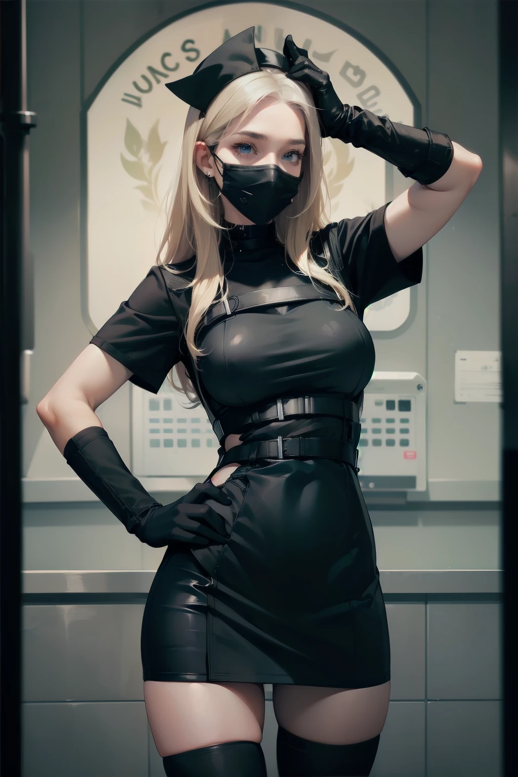 black nurse, 1woman, black nurse cap, black wear, ((black legwear, zettai ryouiki)), black elbow gloves, blonde hair, blue eyes, ((black surgical mask, covered nose)), standing, ((surgery room)), sharp outline, short sleeves, mature female, 35 years old, best quality, masterpiece