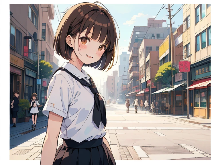 ((((white ground, simple background, Happy face)))),(((Long shot, taken from the front, 1 girl, white , black skirt, short bob, brown hair, golden eyes, 14 years old, short height, city girl))), ((On the way home from school)), ((Uniform)), (Masterpiece), (High resolution), (Top quality), (Super delicate), ((Line drawing manga style)), Wallpaper, Manga style illustration, Painting style, heartwarming synopsis, ((youth)), (student), (unique atmosphere), unique world view, unique atmosphere, youth town, (masterpiece), (high resolution), (highest quality), (super delicate), line drawing manga style, comic style illustration, how to draw, warm outline color, (clear), (obvious)