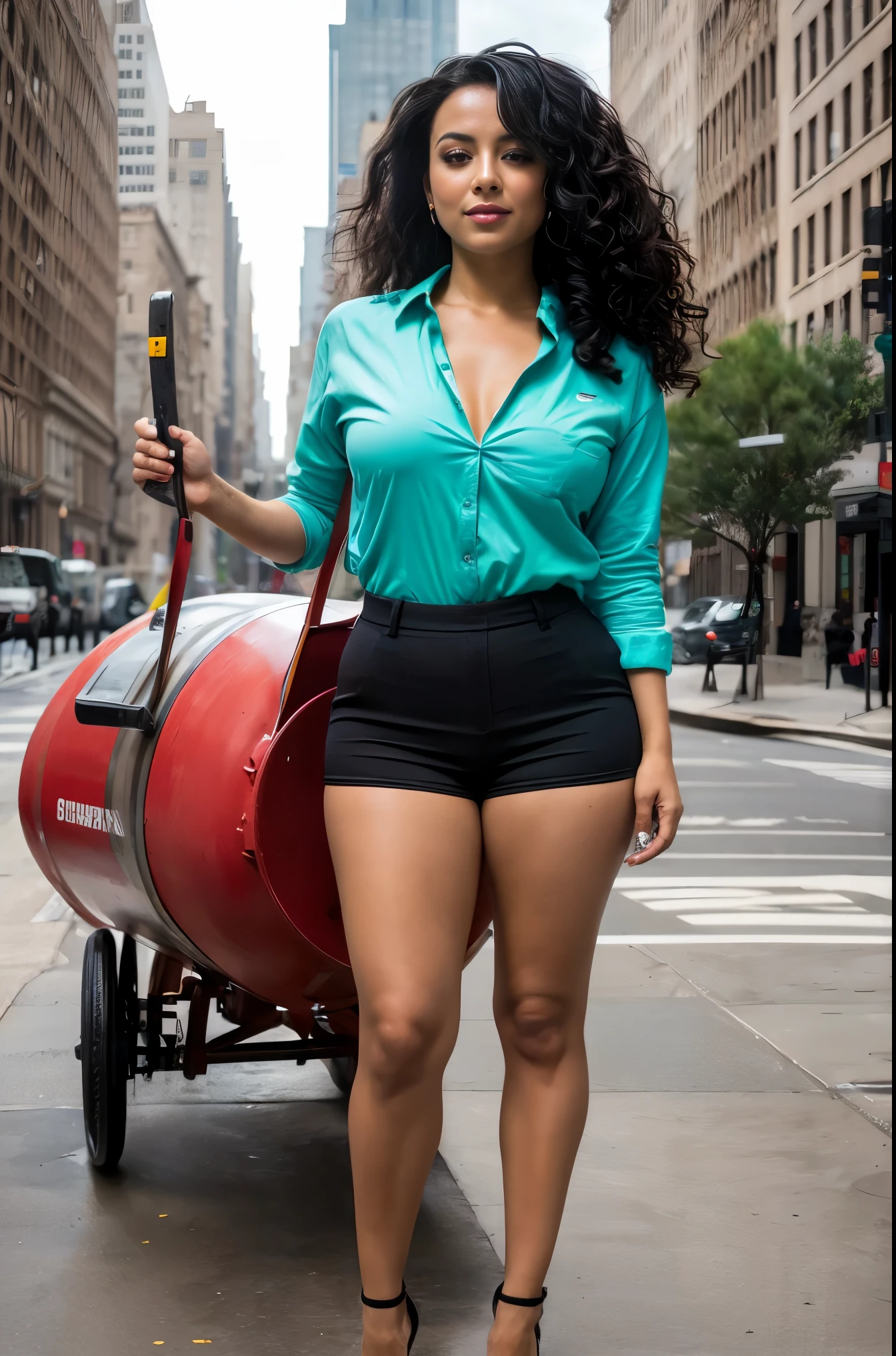 A Colombian lady with burgandy  curly hair wearing sexy work clothes driving a cement mixer truck in nyc. Realistic 