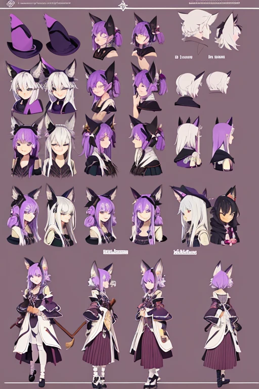 character design sheet,hairy, Purple, one person, fox ears,witch,dandelion,fine