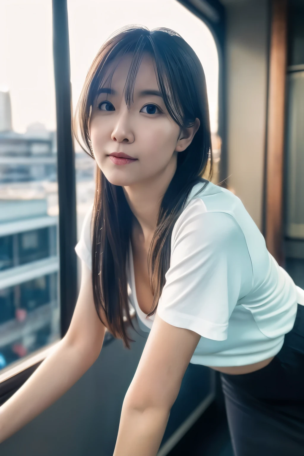 (8K, RAW photo, high quality, High resolution:1.1), Skinny Japanese woman, 30 years old, small breasts, very thin waist, (hyperrealistic:1.4), (realistic, photorealistic:1.3), soft light, realistic face, realistic body, realistic skin, disorganized, masterpiece, (cute:1.8), (leaning forward:1.8), (From above:1.2), (close:1.4), (crawl on all fours), (white loose t-shirt:1.2), (Beautiful breasts:0.9), (long hair, ponytail), ((cleavage)), fine black eyes, innocent eyes, droopy eyes, Watery eyes, open lips, blush, good style, cinema light, film Grain, look viewer, full Body, Depth of field, blurred background, Eye focus, young, 85mm lens, f/1.4, professional lighting, portrait, photon mapping, radio city, Physically based rendering, Transparency, Day book girl, Day, Sunny, outdoor
