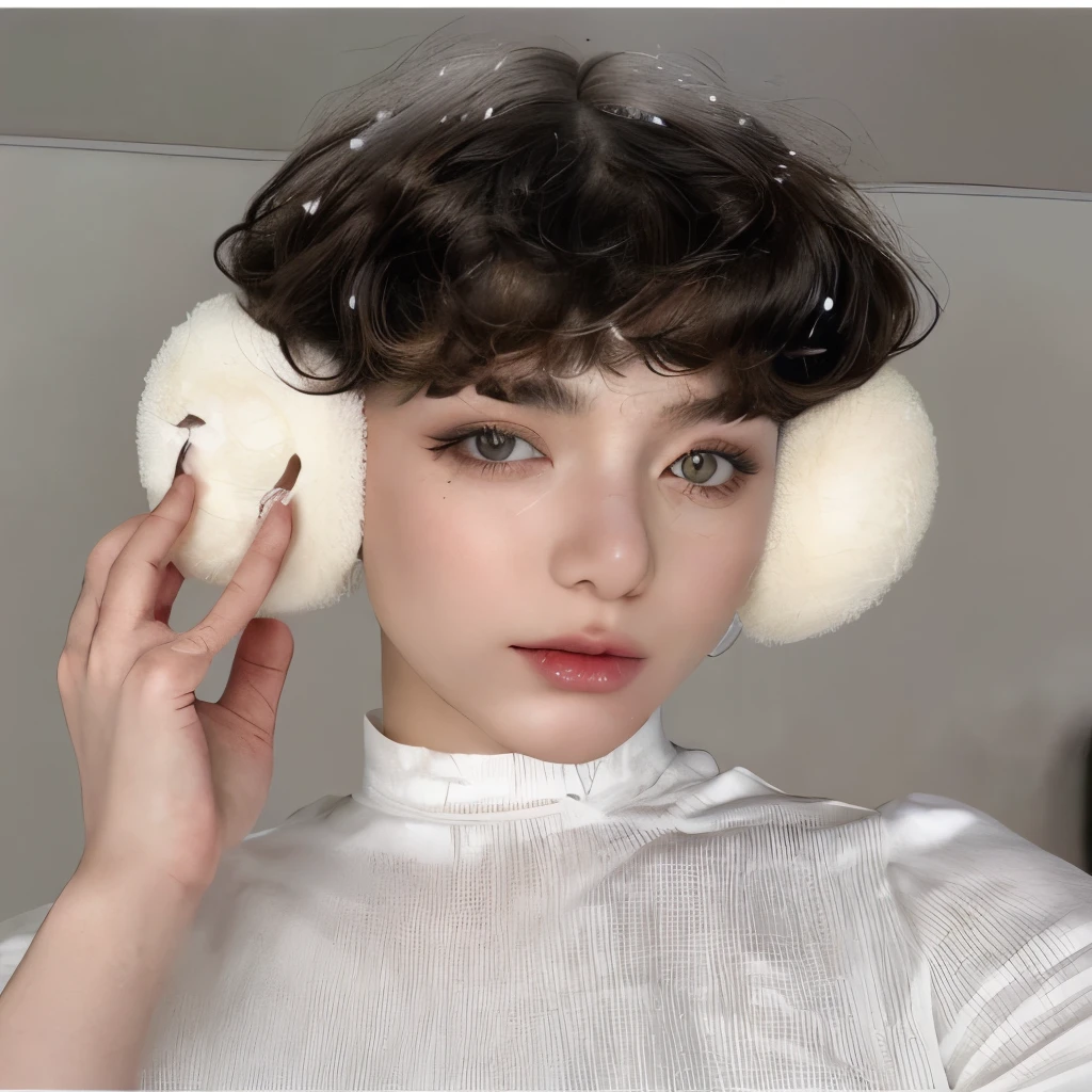 puffy woman with white makeup and ear plugs on her head, maquiagem extravagante grossa, franja encaracolada, brincos enormes e maquiagem estranha, maquiagem marfim nos olhos, franja branca, white eyelashes, olhos brancos detalhados, aesthetic portrait, cabelo encaracolado de duende, an epic non-binary model, Cabelo branco cacheado, Kailee Mandel, chifres brancos de sobrancelhas