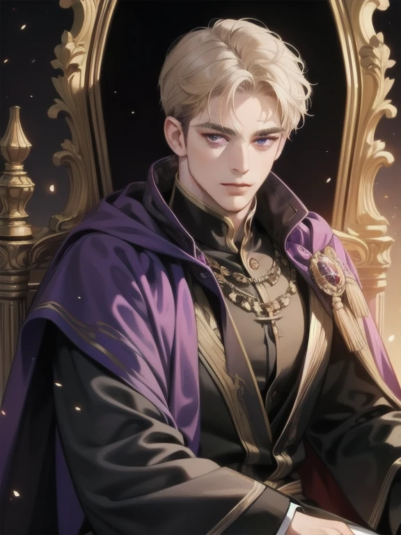 masterpiece, best quality, detailed face, realistic, 1man, mature male, handsome middle age man, 35 year old, a smirk, closed mouth, portrait, extremely detailed face, cold and smirk, ((dark purple eyes)), ((short-right-swept gold hair)), [thick eyebrows], on the throne, ((long black cape)), ((all black)), (dark purple eyes), fantasy, muscular body