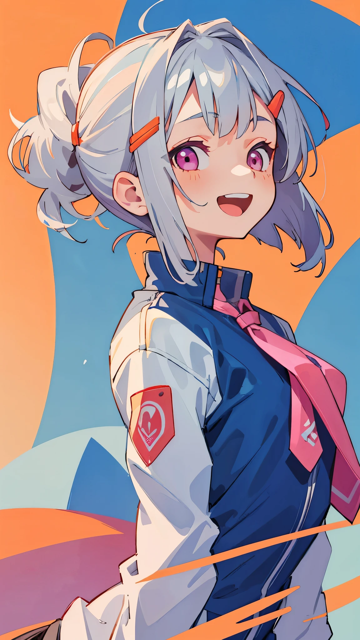 １girl、16歳のgirl、riders jacket、small breasts、Silver hair and short bob hairstyle、Tie your hair up with a hair clip、Beautiful pink eyes、smile、open your mouth and laugh、From the side、blue and orange tones、upper body close-up