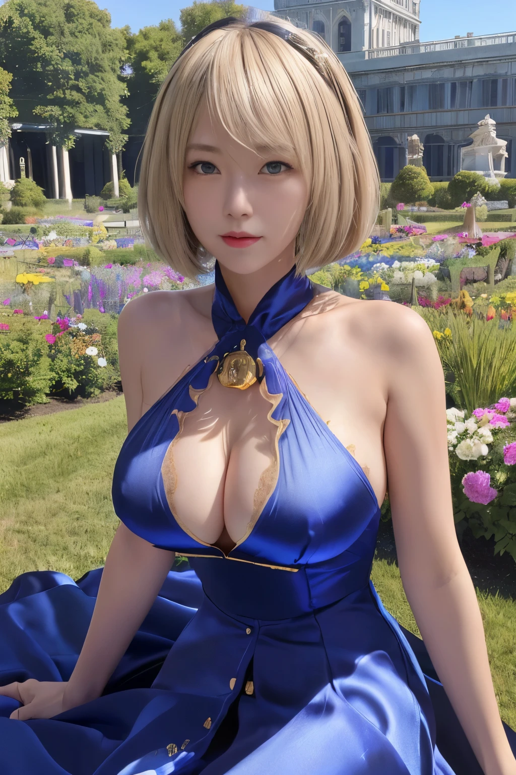 ((((masterpiece, Best Quality, High resolution)))), extremely detailed 8K, sexy Beautiful Japanese teen girl with slim body, (Ultra HD, Ultra-detailed, Highly detailed, Highly realistic, Ultra-realistic, photos realistic), (1girl:1.5), blonde hair, short bob cut like, (dynamic poses), facing at camera, light smile, (huge breasts: 1.2), (beautiful detailed face, Beautiful detailed eyes), Anatomically accurate hands structure, Anatomically accurate fingers structure,(bright blue long sexy Glossy silk see-through European court nobility long dress attire, golden rolyal emblem:1.5), (front button of European court nobility attire not fastened and breasts part widely open:1.5), Glow, Sweat, (rays of sunshine, Sunlight from the front),(topless), sexy long legs, nakeness, bared chest, Sexy, Blushing, look up to the sky, (widely spacious royal palace flower garden:1.2), ultra realistic wide landscape, photogenic scenery, spot light on face