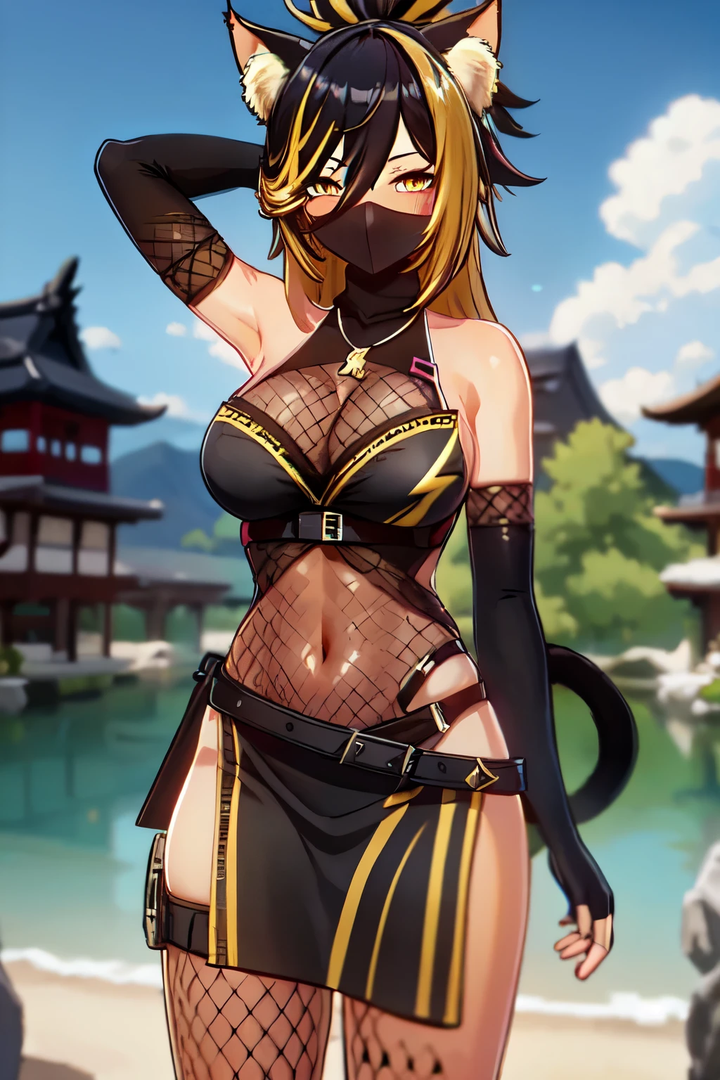 nekoyo chloe, jewelry, gloves, building, arm up,fishnet, dark-skinned female, highleg, hair between eyes, belt, thighhighs, solo, breasts, tail, outdoors, cat ears, mask, leotard, multicolored hair, looking at viewer, elbow gloves, yellow eyes, cat tail, animal ear fluff, black hair, black gloves, shiny, arm behind head, sky, hair ornament, large breasts, dark skin, fingerless gloves, bare shoulders, covered navel, mouth mask, thighs, necklace, ponytail, animal ears, cleavage, skindentation, two-tone hair, armpits, streaked hair, pelvic curtain, long hair, 1girl, cat girl, fishnets, blonde hair, bangs, shiny day