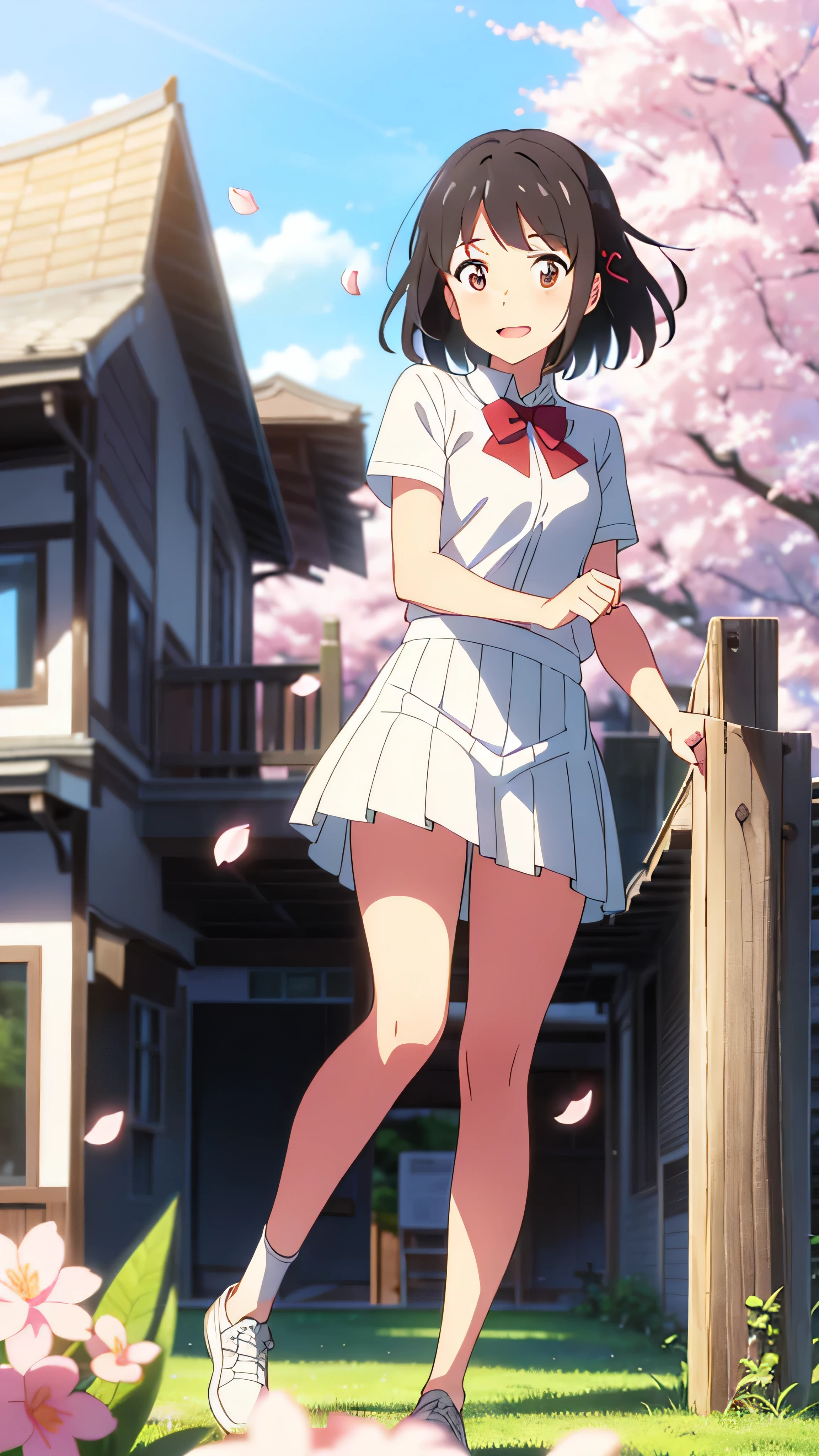 shinkai makoto, kimi no na wa., 1girl, 1boy, bangs, black hair, ((boy wear white clothes, shorts)), ((girl wear white dress, short dress, pleated skirt, red headband), blush, bright eyes, brown eyes, red ribbon, short hair, smile, cute, beautiful, open mouth, love, adorable, couple, dating, shiny skin, looking at the viewer, short sleeves, cherry_blossoms, falling_petals, petals, branch, pink_flower, sky, sunlight, spring_season, wind, tree