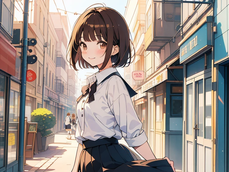 ((((white ground, simple background, Happy face)))),(((Long shot, taken from the front, 1 girl, white , black skirt, short bob, brown hair, golden eyes, 14 years old, short height, city girl))), ((On the way home from school)), ((Uniform)), (Masterpiece), (High resolution), (Top quality), (Super delicate), ((Line drawing manga style)), Wallpaper, Manga style illustration, Painting style, heartwarming synopsis, ((youth)), (student), (unique atmosphere), unique world view, unique atmosphere, youth town, (masterpiece), (high resolution), (highest quality), (super delicate), line drawing manga style, comic style illustration, how to draw, warm outline color, (clear), (obvious)