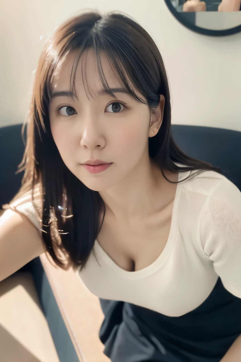 (8K, RAW photo, high quality, High resolution:1.1), Skinny Japanese woman, 30 years old, small breasts, very thin waist, (hyperrealistic:1.4), (realistic, photorealistic:1.3), soft light, realistic face, realistic body, realistic skin, disorganized, masterpiece, (cute:1.8), (leaning forward:1.8), (From above:1.2), (close:1.4), (crawl on all fours), (white loose t-shirt:1.2), (Beautiful breasts:0.9), (long hair, ponytail), ((cleavage)), fine black eyes, innocent eyes, droopy eyes, Watery eyes, open lips, blush, good style, cinema light, film Grain, look viewer, full Body, Depth of field, blurred background, Eye focus, young, 85mm lens, f/1.4, professional lighting, portrait, photon mapping, radio city, Physically based rendering, Transparency, Day book girl, Day, Sunny, outdoor