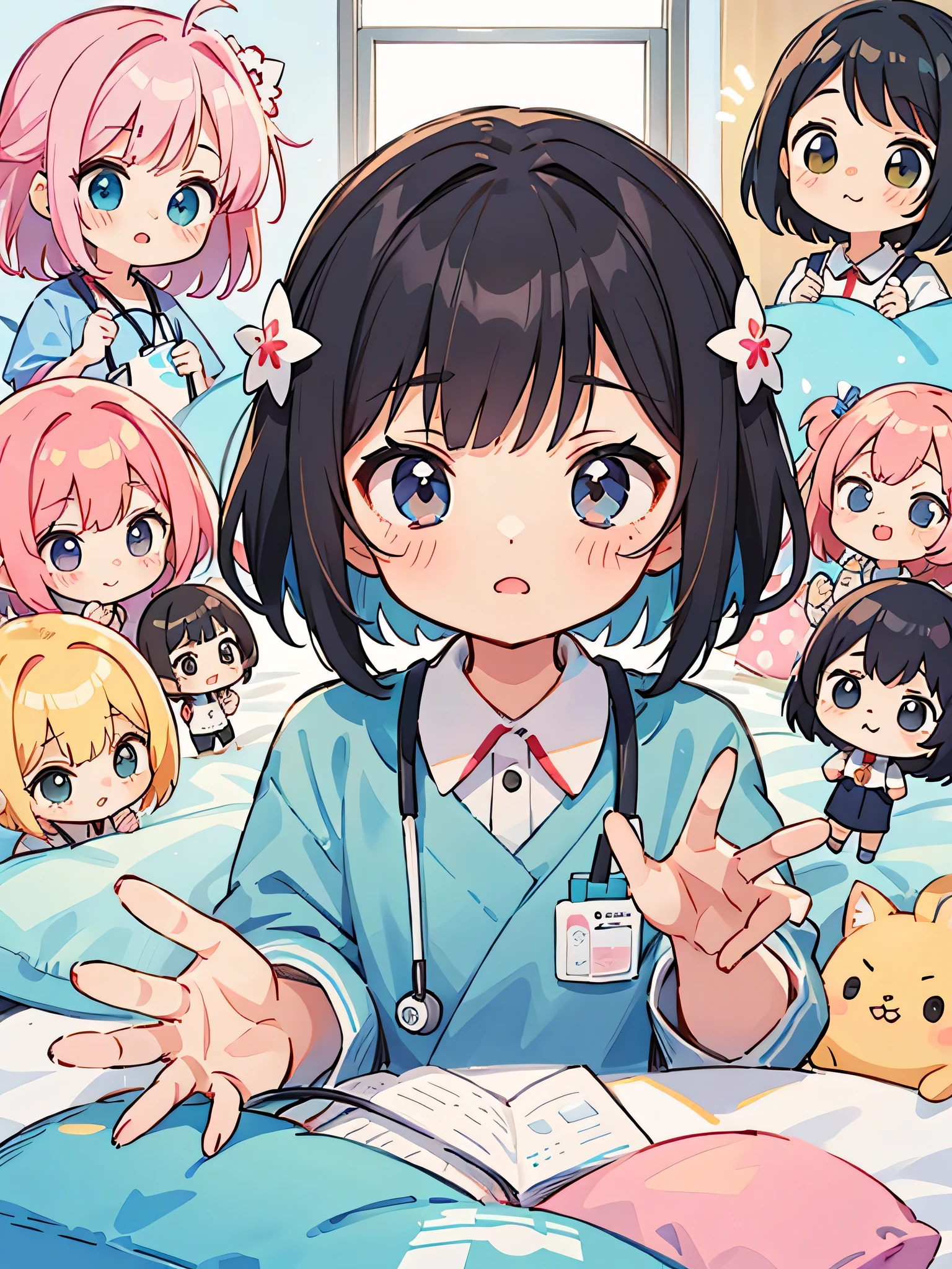 Momoko Sakura style, Kawaii Design, (((10 people)))、most beautiful girl ever、Chibi, Colorful bob hair、((Lots of friends))、hospital room