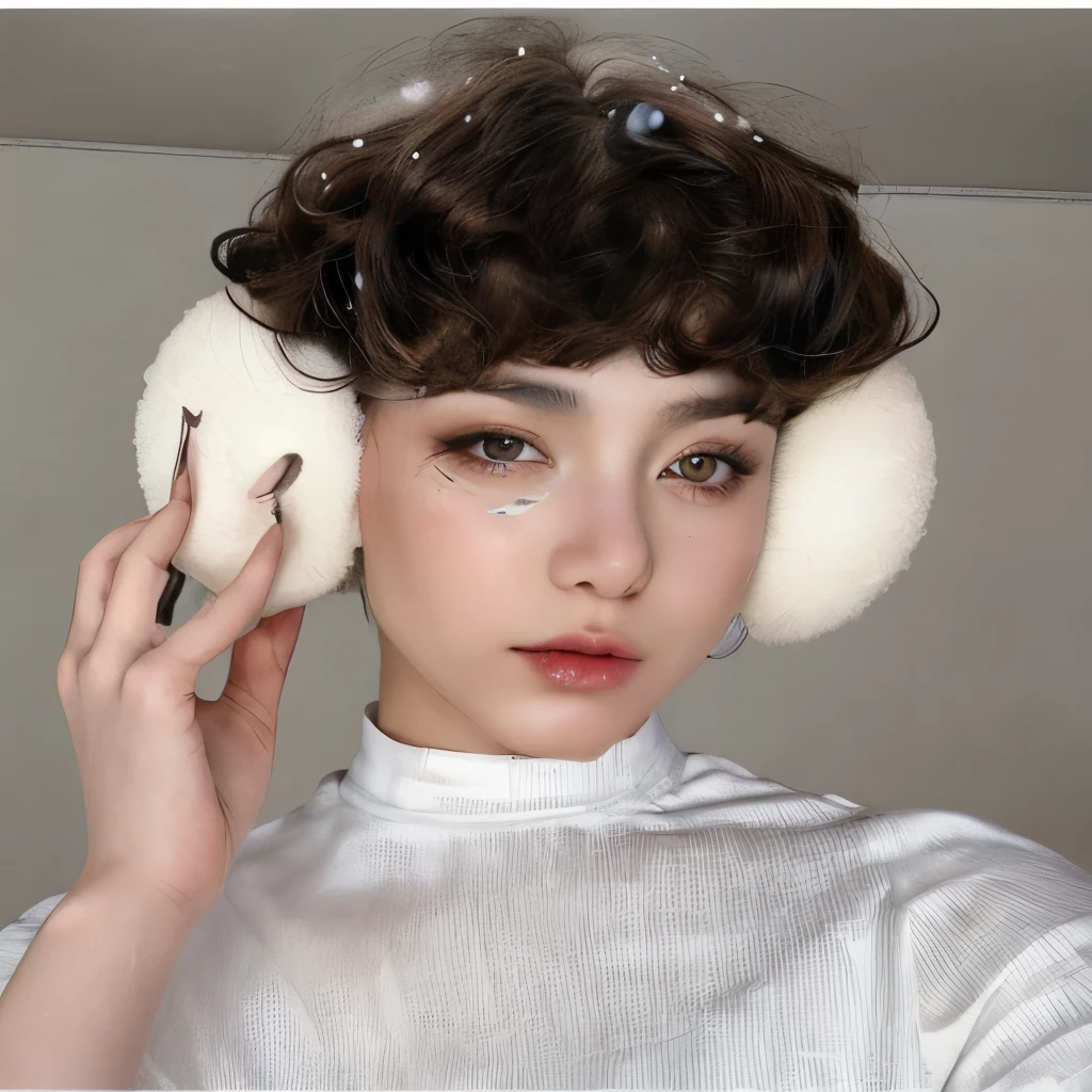 puffy woman with white makeup and ear plugs on her head, maquiagem extravagante grossa, franja encaracolada, brincos enormes e maquiagem estranha, maquiagem marfim nos olhos, franja branca, white eyelashes, olhos brancos detalhados, aesthetic portrait, cabelo encaracolado de duende, an epic non-binary model, Cabelo branco cacheado, Kailee Mandel, chifres brancos de sobrancelhas