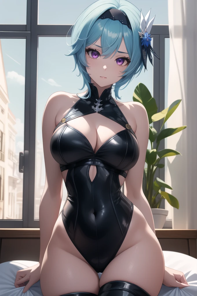 absurdres, highres, highly detailed, (official art, beautiful and aesthetic:1.2), ultra detail, beautiful face, ((mature female)), 1girl, eula, black hairband, blue hair, hair ornament, hairband, short hair, purple eyes, 
narrow waist, wide hips, thicc thighs, [((original outfit))], black thigh high boots, bedroom with large windows