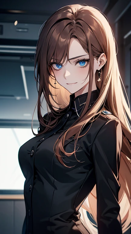 (highest quality,High resolution,Super detailed),1 girl, Beautiful and detailed light blue eyes, brown hair, cold smile,Resentment,Resentful,Straight long hair tied back, wearing a black suit, mature woman, 25 years old,Cruel smile, calm and calm, slender body shape, pale complexion, thin, calm, in the conference room.secretary