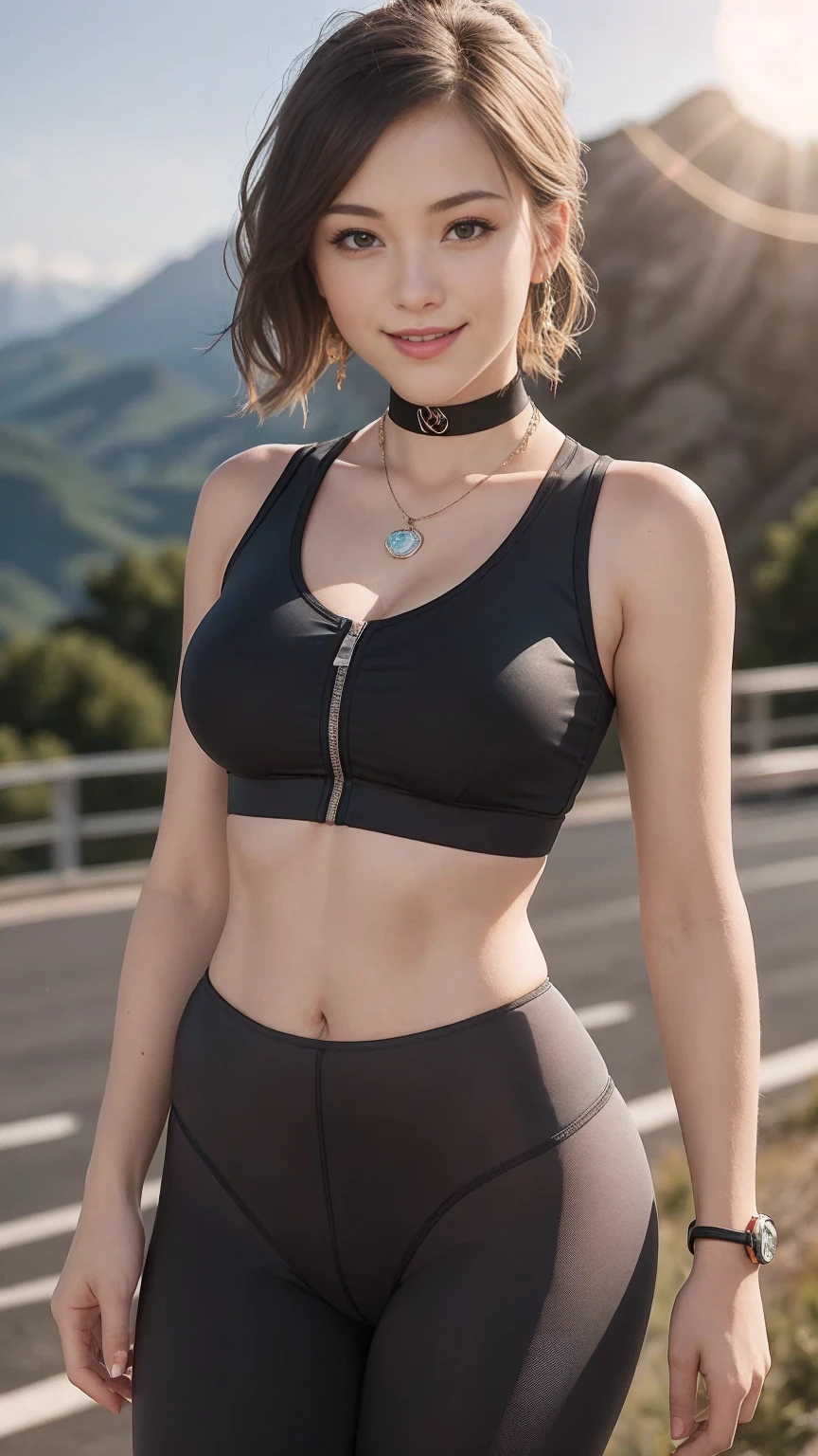A 23-year-old white woman with unparalleled beauty.、blue eyes、The eyes are wide open、Hair color is dark blonde、hair is wavy、semi-long、smile、wearing a black choker、A slender yet well-proportioned body with large breastuscular like a top athlete、sunlight is shining from above、photorealistic images、8K quality、I'm punching my chest、I don't want my head to disappear from the screen.、I have a wristband on my wrist、I'm wearing a necklace、Model-like height and style、Secure head space、チャーミングなsmile、She is wearing a black high-neck zipper-up bodysuit.、I'm wearing low-rise leggings、I'm wearing sneakers、smile、I'm at an observation deck on the top of a mountain deep in the Alps.、The mountains continue to the distant horizon、smile