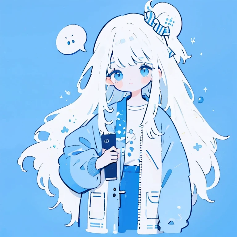 a girl，white hair，long hair，messy lines，draft style，Watercolor texture，Casual coloring style，blue tint，only blue and white，