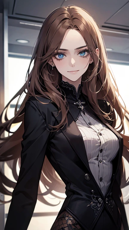 (highest quality,High resolution,Super detailed),1 girl, Beautiful and detailed light blue eyes, brown hair, cold smile,Resentment,Resentful,Straight long hair tied back, wearing a black suit, mature woman, 25 years old,Cruel smile, calm and calm, slender body shape, pale complexion, thin, calm, in the conference room.secretary