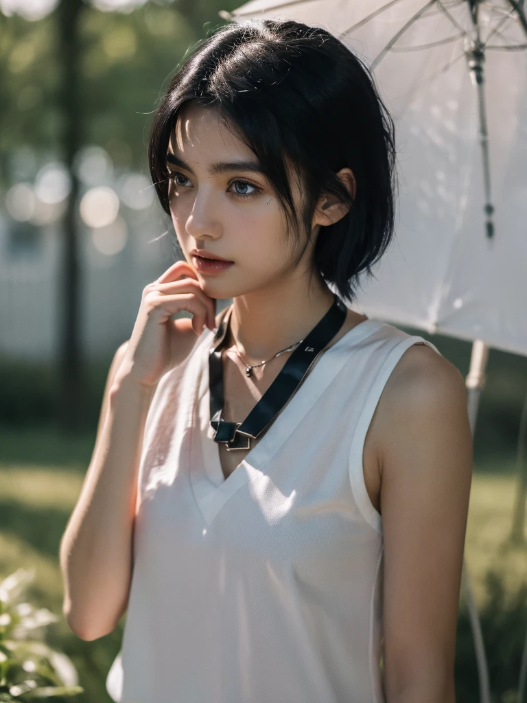 ( masterpiece, top quality, best quality,8k,17 years old girl,ultra detailed,raw photo:1.5),(photorealistic:1.4), (black hair:1.5), (cinematic lighting), PerfectNwsjMajic, , Surrealism, UHD, ccurate, Super detail, textured skin, High detail, Best quality, dynamic angle, (high nose,White skin),[Beautiful blue eyes],[flat chest:large breasts:0.5],(1girl),(good anatomy:0.5)),(outside:1.5), Necklaces,