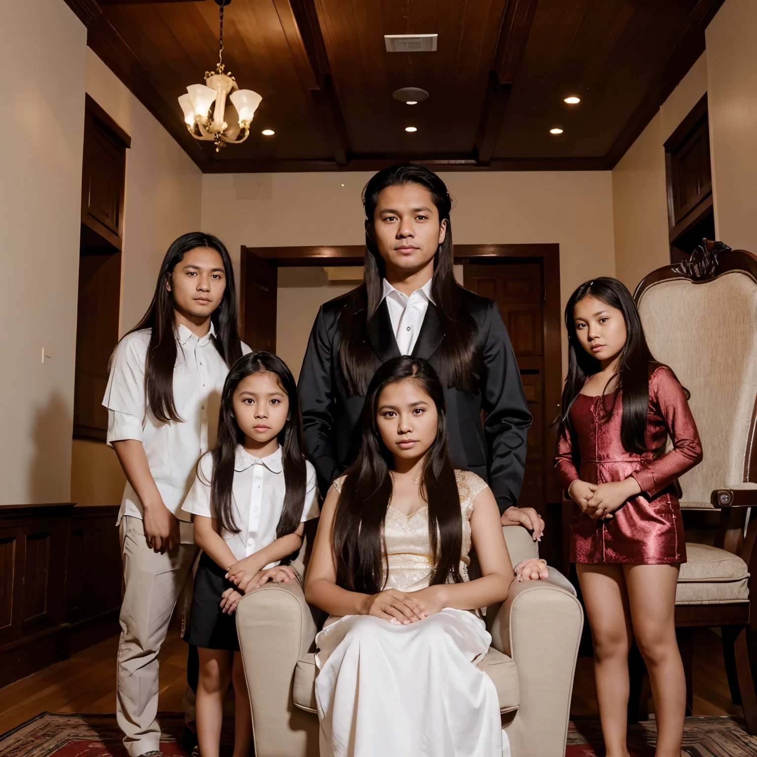 7 member filipino in formal attire family pictures. 40 year old mother whith long hair, 40 year old father, 20 year old daughter long hair,17 yearold son , 12 year old son, 7 year old daughter, and 3 year old daughter