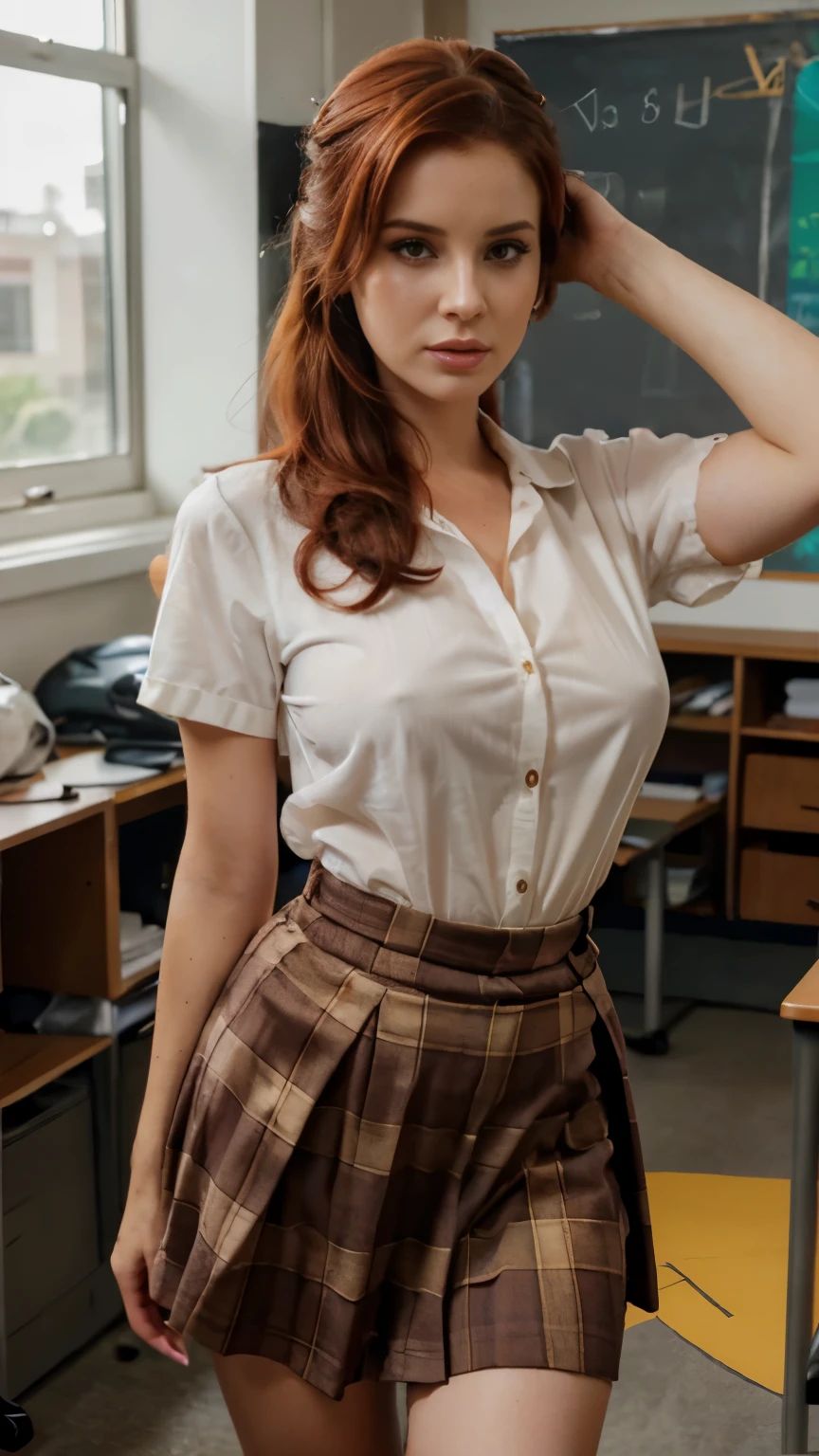 very detailed, seductive erotica of Lana Del Rey, crying, (busty, Red hair), Face concentrated, compound eyes, in a transparent blouse , from under which the breasts are visible, in a classroom without students, in a short plaid skirt , as a , in transparent glasses, hair tied up in a bun , A glance at the floor